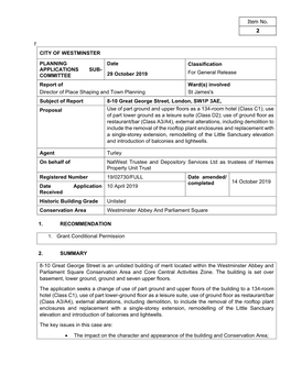 Item No. 2 F CITY of WESTMINSTER PLANNING APPLICATIONS SUB- COMMITTEE Date 29 October 2019 Classification for General Release Re