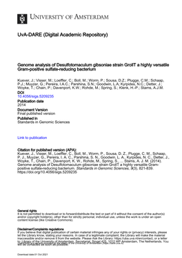 Genome Analysis of Desulfotomaculum Gibsoniae Strain Grollt a Highly Versatile Gram-Positive Sulfate-Reducing Bacterium