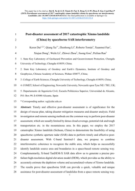 Post-Disaster Assessment of 2017 Catastrophic Xinmo Landslide (China) by Spaceborne Sar Interferometry