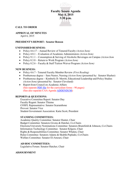 Faculty Senate Agenda May 4, 2015 3:30 P.M