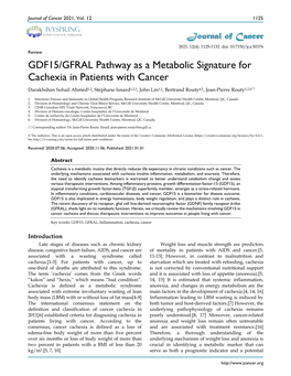 GDF15/GFRAL Pathway As a Metabolic Signature for Cachexia In
