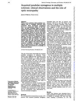 Acquired Pendular Nystagmus in Multiple Sclerosis: Clinical Observations and the Role of Optic Neuropathy 263