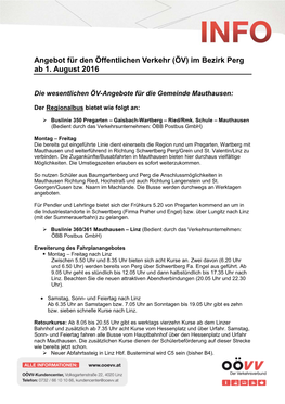 Angebot Für Den Öffentlichen Verkehr (ÖV) Im Bezirk Perg Ab 1. August 2016