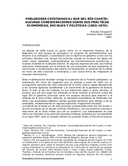 Pobladores Cristianos Al Sur Del Río Cuarto: Algunas Consideraciones Sobre Sus Prác Ticas Económicas, Soc Iales Y Políticas (1850-1870)