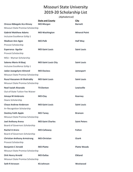 Missouri State University 2019-20 Scholarship List