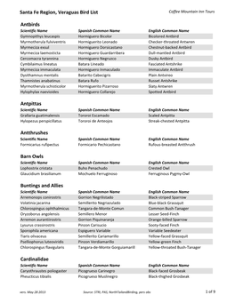 Bird List Coffee Mountain Inn Tours