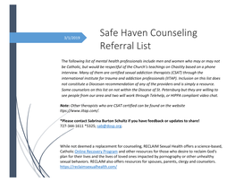 Safe Haven Counseling Referral List