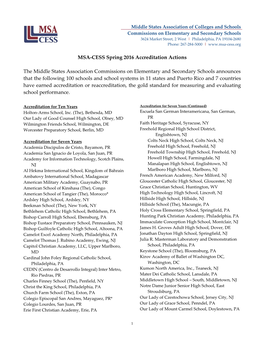 MSA-CESS Spring 2016 Accreditation Actions the Middle States