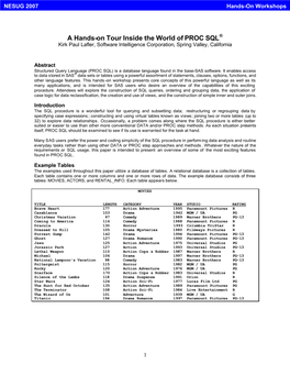 A Hands-On Tour Inside the World of PROC SQL® Kirk Paul Lafler, Software Intelligence Corporation, Spring Valley, California