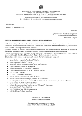 Circolare N. 45 Capranica, 19 Novembre 2019 Ai Docenti Agli Alunni Delle Classi Terze E Ai Genitori Scuola Secondaria Primo Grad