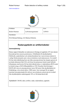 Radar Detection of Artillery Rockets Page 1 (38) Robert.Humeur@Mil.Se