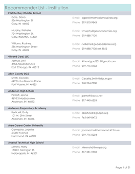 Recommender List - Institution 21St Century Charter School Gore, Dana E-Mail Dgore@Methodisthospitals.Org 556 Washington St Phone 219-310-9843 Gary, in 46402