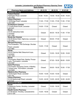 A Full List of Pharmacy Opening Hours Can Be Found Here