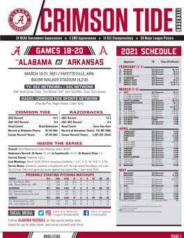 ALABAMA at Arkansas Opponent TV Time (CT)/Result FEBRUARY (7-1) 19 Mcneese SEC Network+ W, 10-6 20 Mcneese SEC Network+ W, 4-3 MARCH 19-21, 2021 / FAYETTEVILLE, ARK