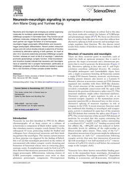 Neurexin–Neuroligin Signaling in Synapse Development Ann Marie Craig and Yunhee Kang