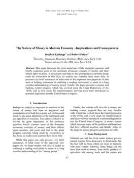 The Nature of Money in Modern Economy –Implications and Consequences