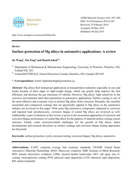 Surface Protection of Mg Alloys in Automotive Applications: a Review