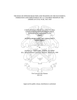 The Role of Officer Selection and Training on the Successful Formation and Employment of U.S