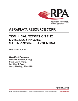 Abraplata Resource Corp. Technical Report on the Diablillos Project, Salta Province, Argentina