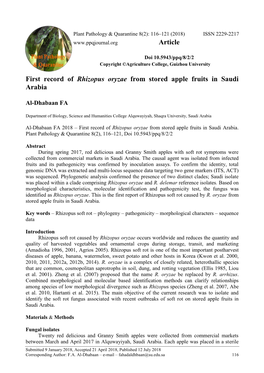 First Record of Rhizopus Oryzae from Stored Apple Fruits in Saudi Arabia