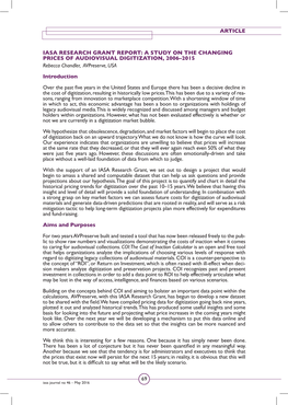 69 IASA RESEARCH GRANT REPORT: a STUDY on the CHANGING PRICES of AUDIOVISUAL DIGITIZATION, 2006–2015 Rebecca Chandler, Avpres