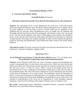 41/2017 I. Literature and Cultural Studies Grazziella Predoiu (Timiṣoara): the Lonely-Women Into Lo