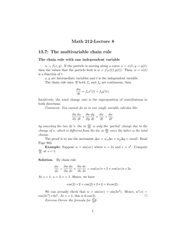 Math 212-Lecture 8 13.7: the Multivariable Chain Rule