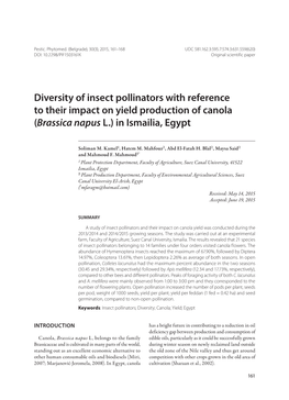 Diversity of Insect Pollinators with Reference to Their Impact on Yield Production of Canola (Brassica Napus L.) in Ismailia, Egypt