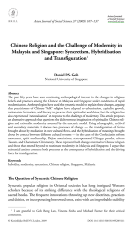 Chinese Religion and the Challenge of Modernity in Malaysia and Singapore: Syncretism, Hybridisation and Transﬁ Guration1
