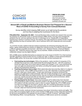 Almost 80% of Small and Medium Business Owners Feel Prepared for a Second Wave of COVID-19 According to Survey from Comcast Business