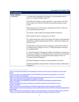 Kazakhstan Policy Responses Containment a 30-Day State of Emergency from March 16, and Extended to End of April.1 [27 April] Extended to May 11.2