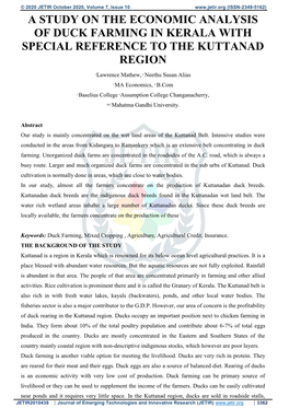 A Study on the Economic Analysis of Duck Farming in Kerala with Special Reference to the Kuttanad Region