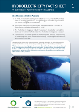 HYDROELECTRICITY FACT SHEET 1 an Overview of Hydroelectricity in Australia