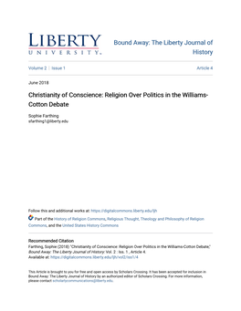 Christianity of Conscience: Religion Over Politics in the Williams-Cotton Debate,