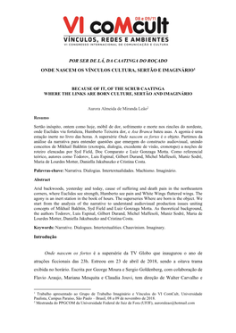 Por Ser De Lá, Da Caatinga Do Roçado Onde Nascem Os Vínculos Cultura, Sertão E Imaginário1