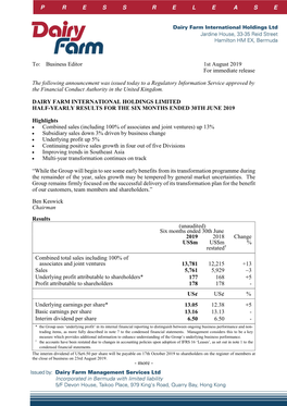 Business Editor 1St August 2019 for Immediate Release the Following