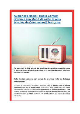 Audiences Radio : Radio Contact Retrouve Son Statut De Radio La Plus Écoutée De Communauté Française