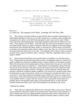 Warner.Review-1 Computable Culture and the Closure of the Media Paradigm William B. Warner Director, the Digital Cultures Projec