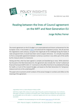 Reading Between the Lines of Council Agreement on the MFF and Next Generation EU Jorge Núñez Ferrer