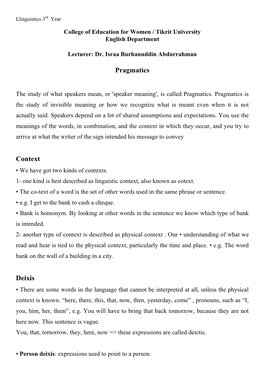 Pragmatics Context Deixis