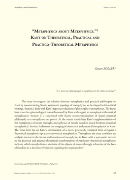 1 Kant on Theoretical, Practical and Practico-Theoretical Metaphysics