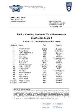 PRESS RELEASE FIM Ice Speedway Gladiators World Championship