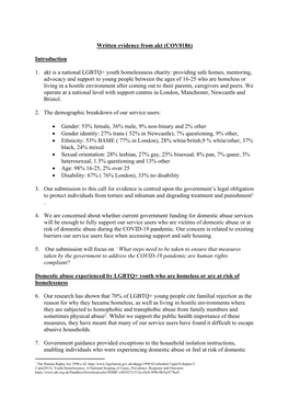 Written Evidence from Akt (COV0186) Introduction 1. Akt Is a National LGBTQ+ Youth Homelessness Charity