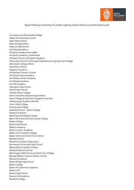 Royal Holloway University of London Aspiring Schools List for 2020 Admissions Cycle