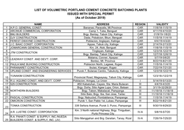 LIST of VOLUMETRIC PORTLAND CEMENT CONCRETE BATCHING PLANTS ISSUED with SPECIAL PERMIT (As of October 2019)