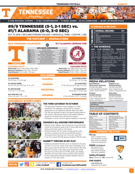 9/9 TENNESSEE (5-1, 2-1 SEC) Vs. #1/1 ALABAMA (6-0, 3-0 SEC)