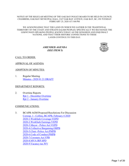 Police Board to Be Held in Council Chambers, Oak Bay Municipal Hall, 2167 Oak Bay Avenue, Oak Bay, Bc, on Tuesday February 25, 2020 at 5:00 Pm