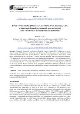 Seven Scuticociliates (Protozoa, Ciliophora) from Alabama, USA, with Descriptions of Two Parasitic Species Isolated from a Freshwater Mussel Potamilus Purpuratus