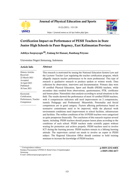 Journal of Physical Education and Sports Certification Impact on Performance of PESH Teachers in State Junior High Schools in Pa