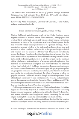 Esalen and the Rise of Spiritual Privilege, by Marion Goldman. New York University Press, 2012. Xii + 207Pp., 13 B&W Illustra- Tions